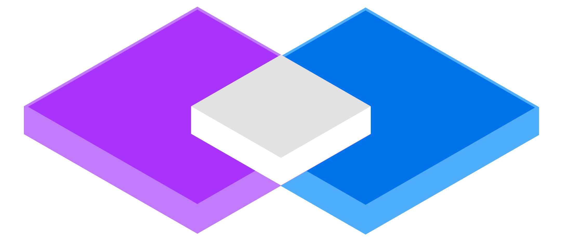 An abstract isometric illustration of two overlapping diamond-shaped tiles, one purple and one blue, with a small white 3D block centered where they intersect, representing the connection or interaction between two systems.